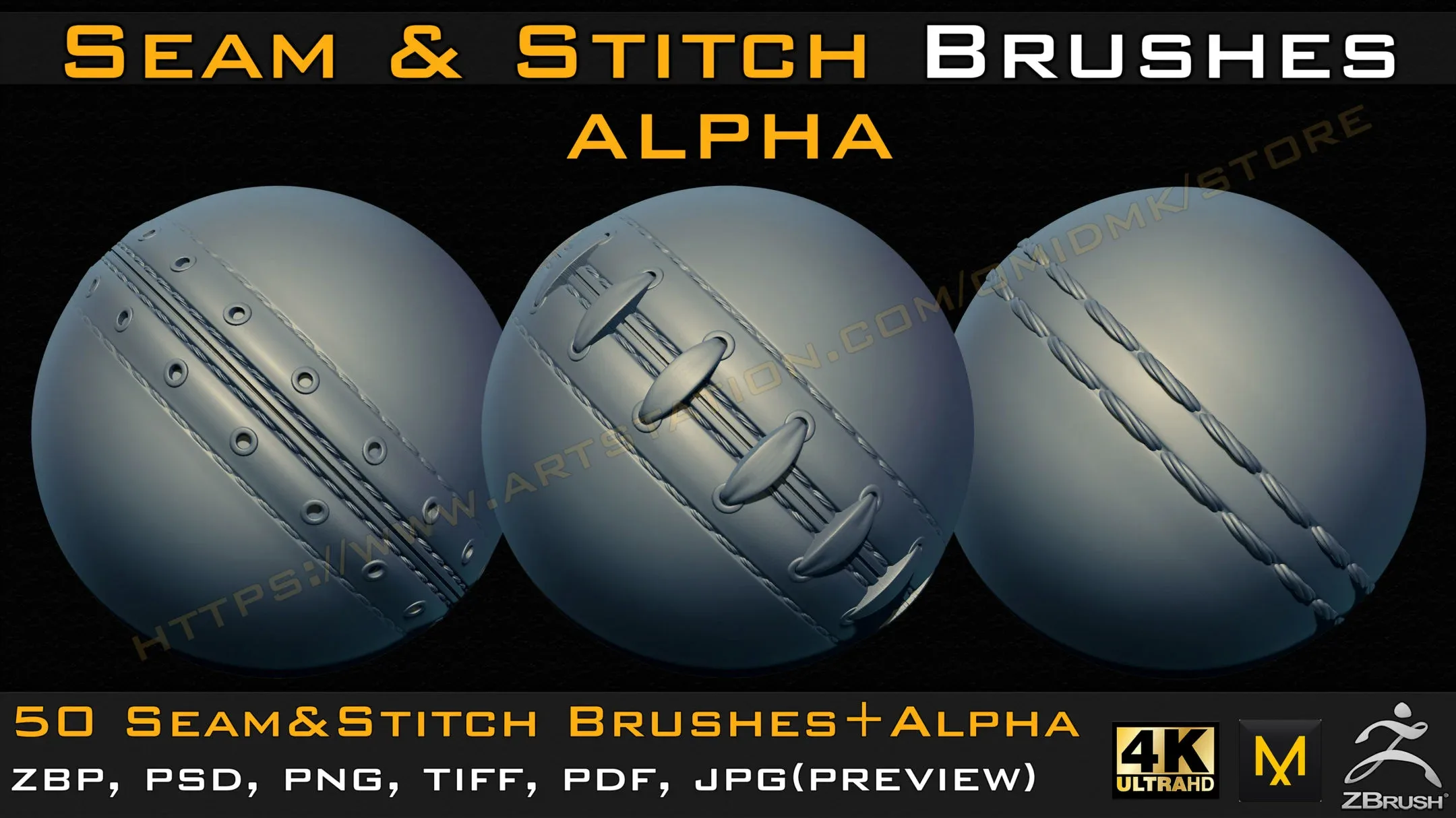 50 Seam & Stitch Brushes & Alpha (Tileable 4k-16bit) Vol.02