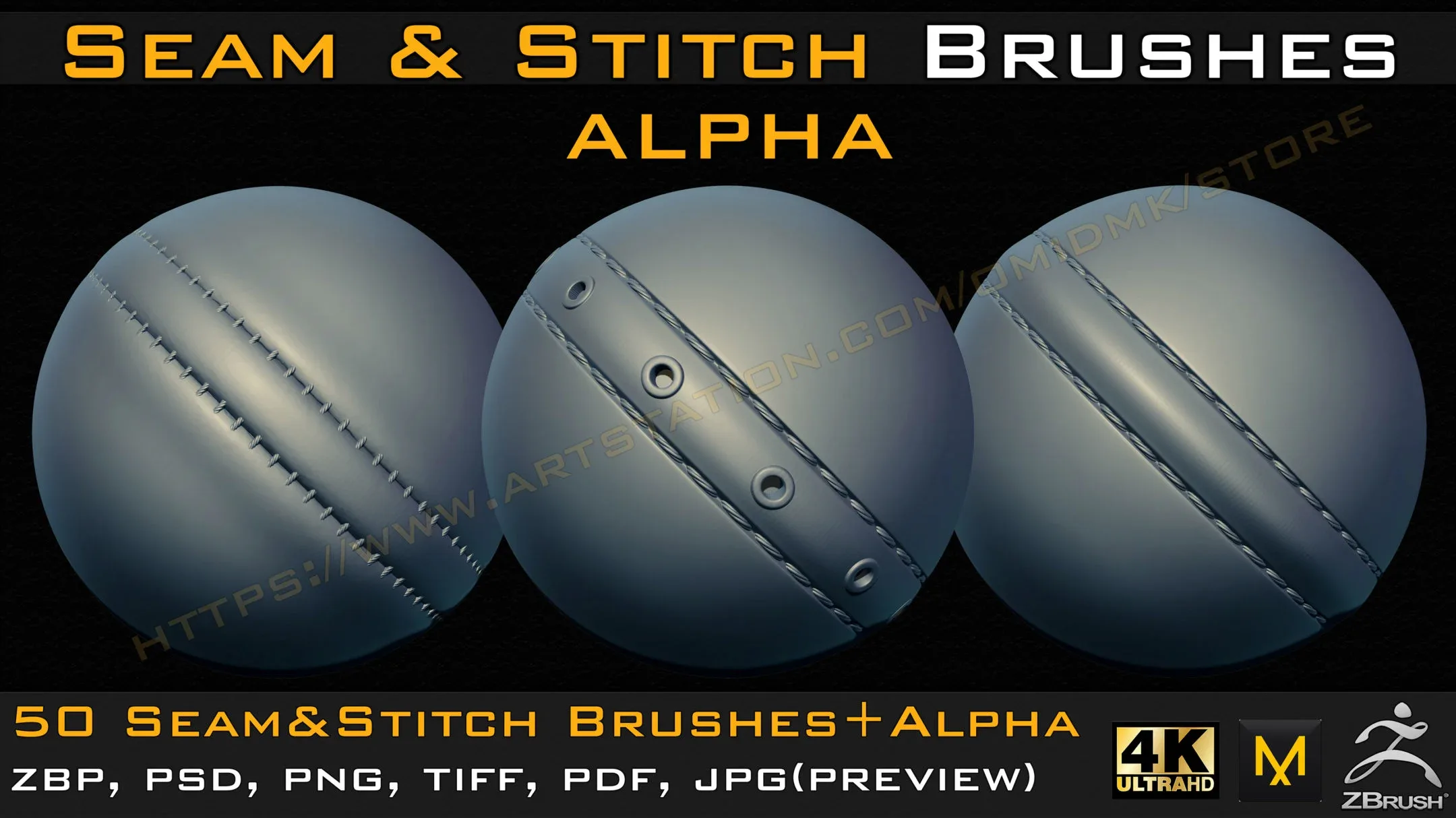 50 Seam & Stitch Brushes & Alpha (Tileable 4k-16bit) Vol.02