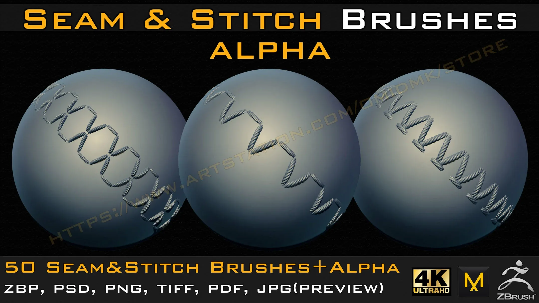 50 Seam & Stitch Brushes & Alpha (Tileable 4k-16bit) Vol.02