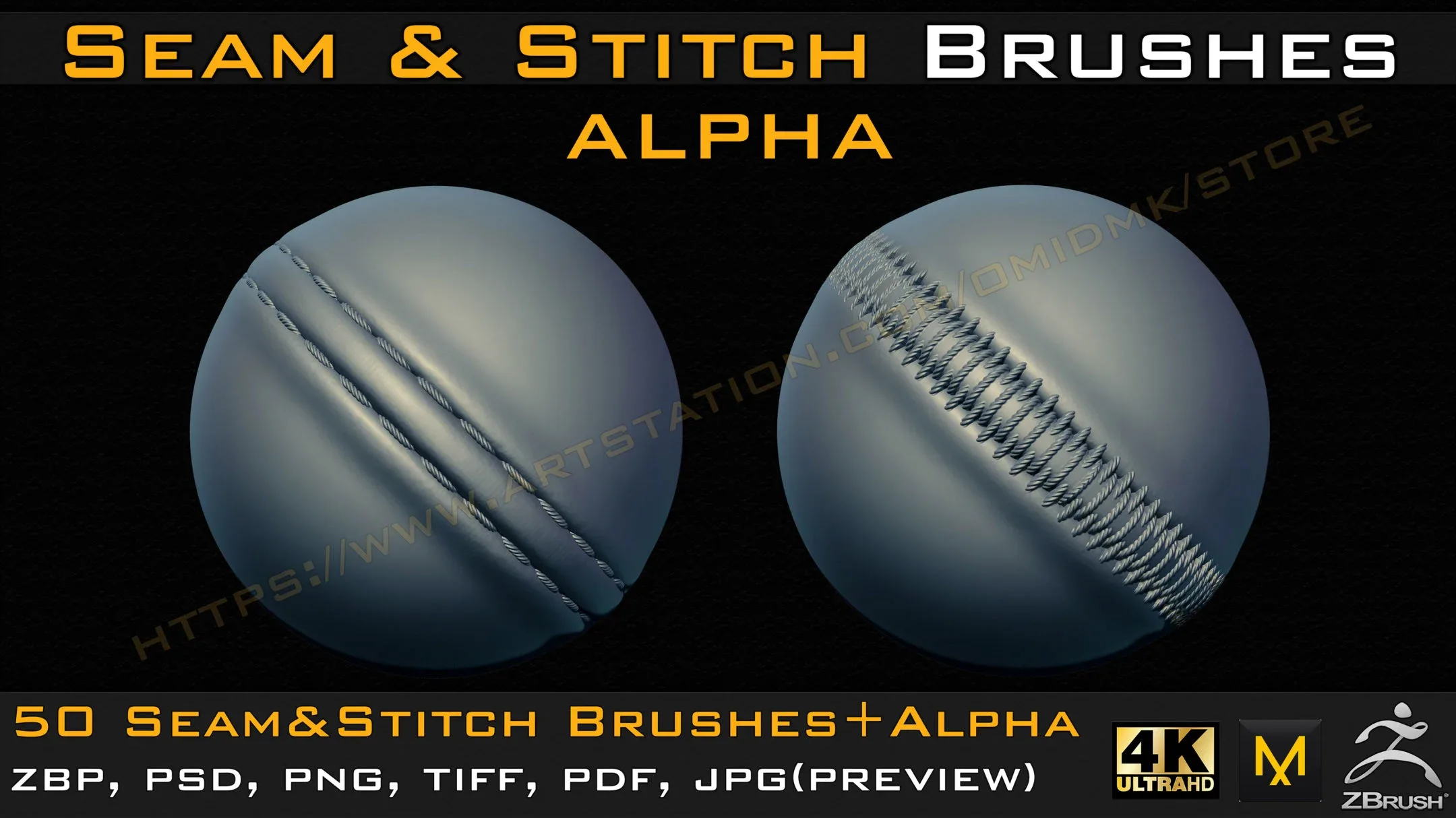 50 Seam & Stitch Brushes & Alpha (Tileable 4k-16bit) Vol.02