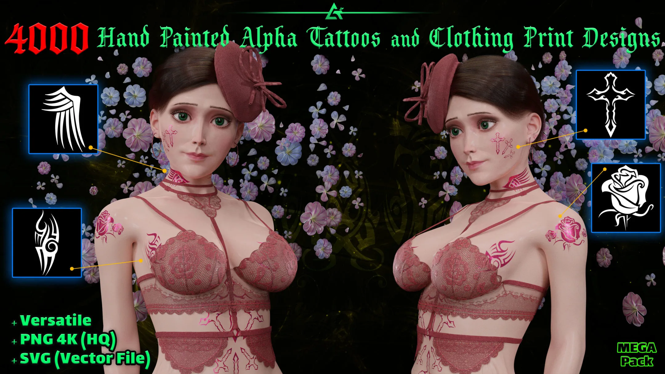 4000 Hand Painted Alpha Tattoos and Clothing Print Designs (MEGA Pack) - Vol 9