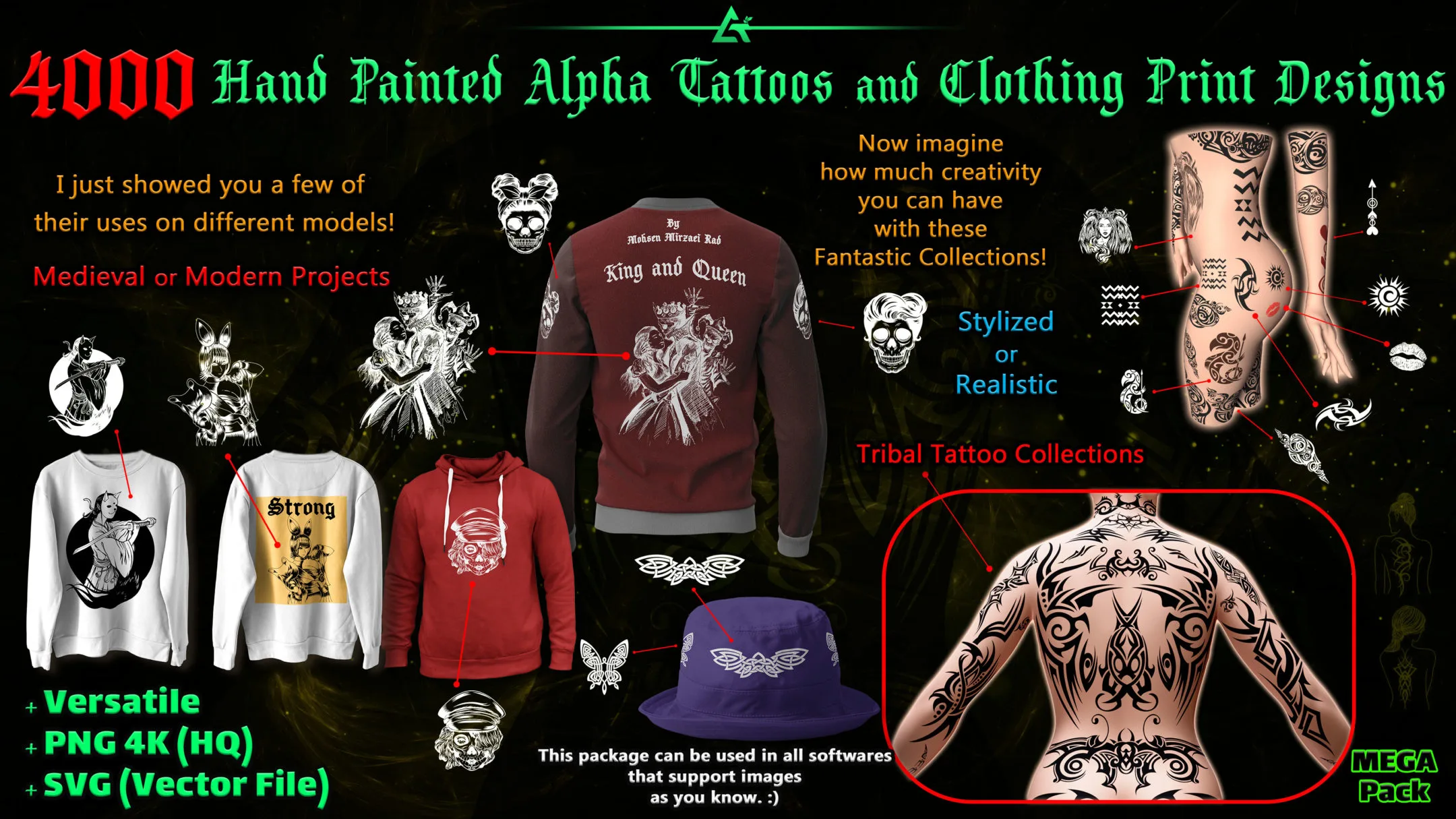 4000 Hand Painted Alpha Tattoos and Clothing Print Designs (MEGA Pack) - Vol 9