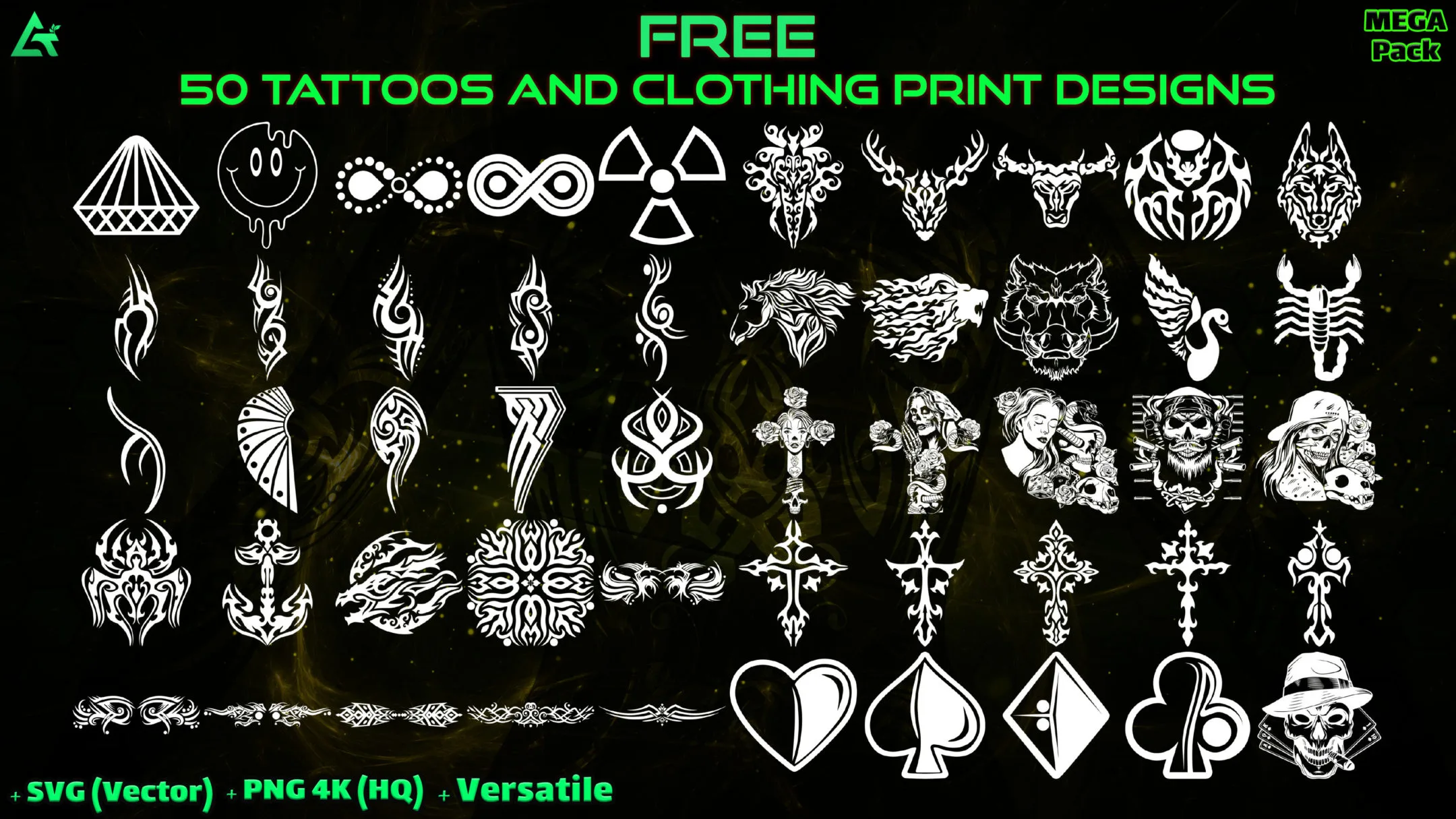 50 Free Hand Painted Alpha Tattoos and Clothing Print Designs (MEGA Pack) - Vol 9