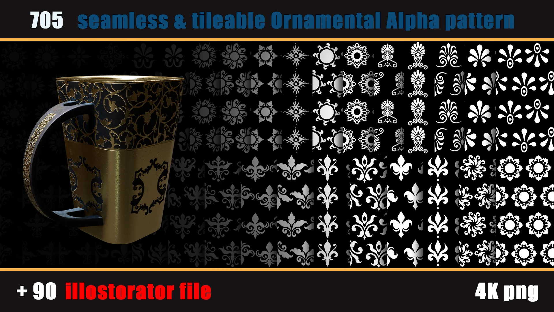 705 seamless and tileable Ornamental Alpha patterns + 90 Adobe illustrator file