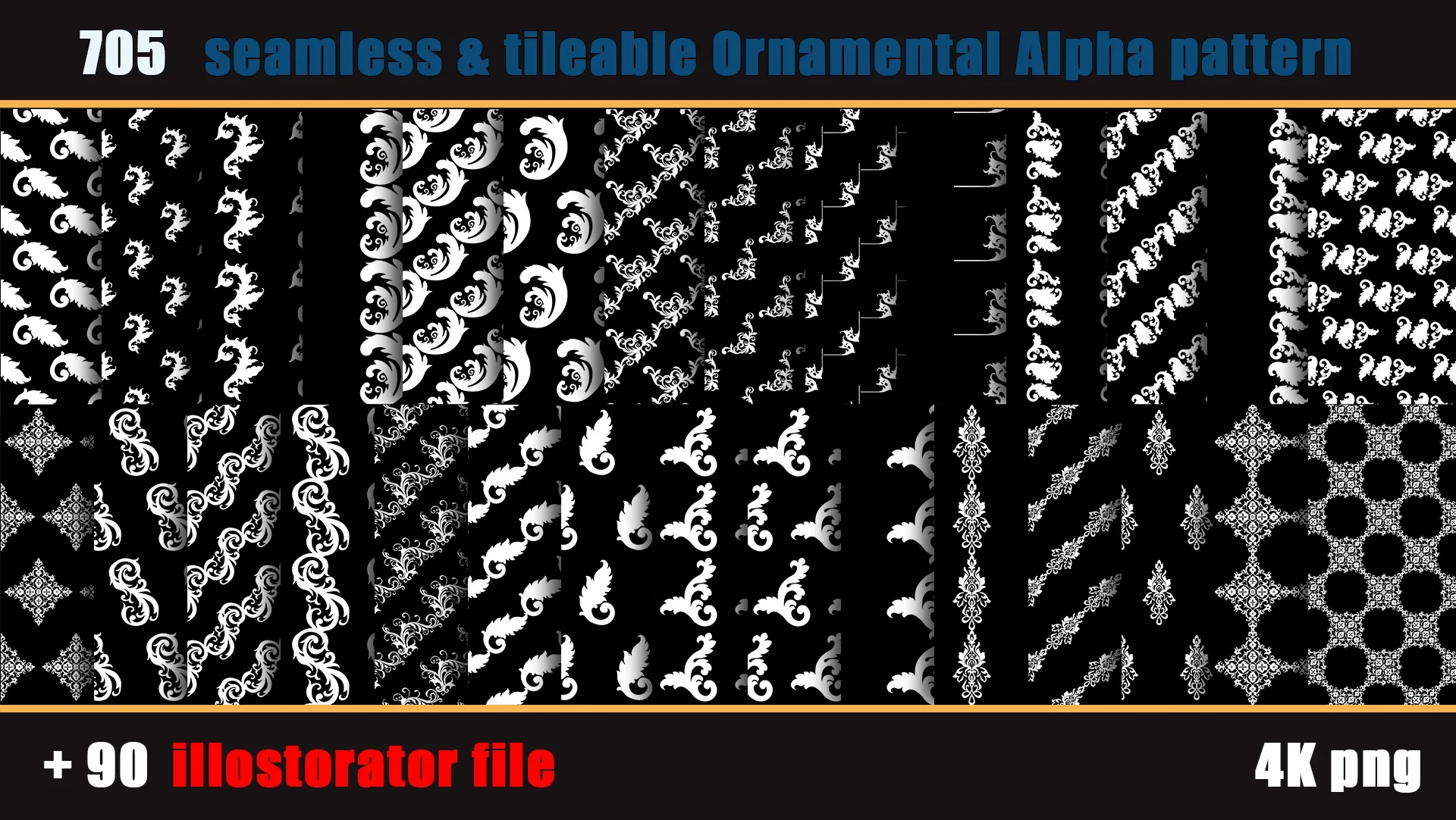 705 seamless and tileable Ornamental Alpha patterns + 90 Adobe illustrator file