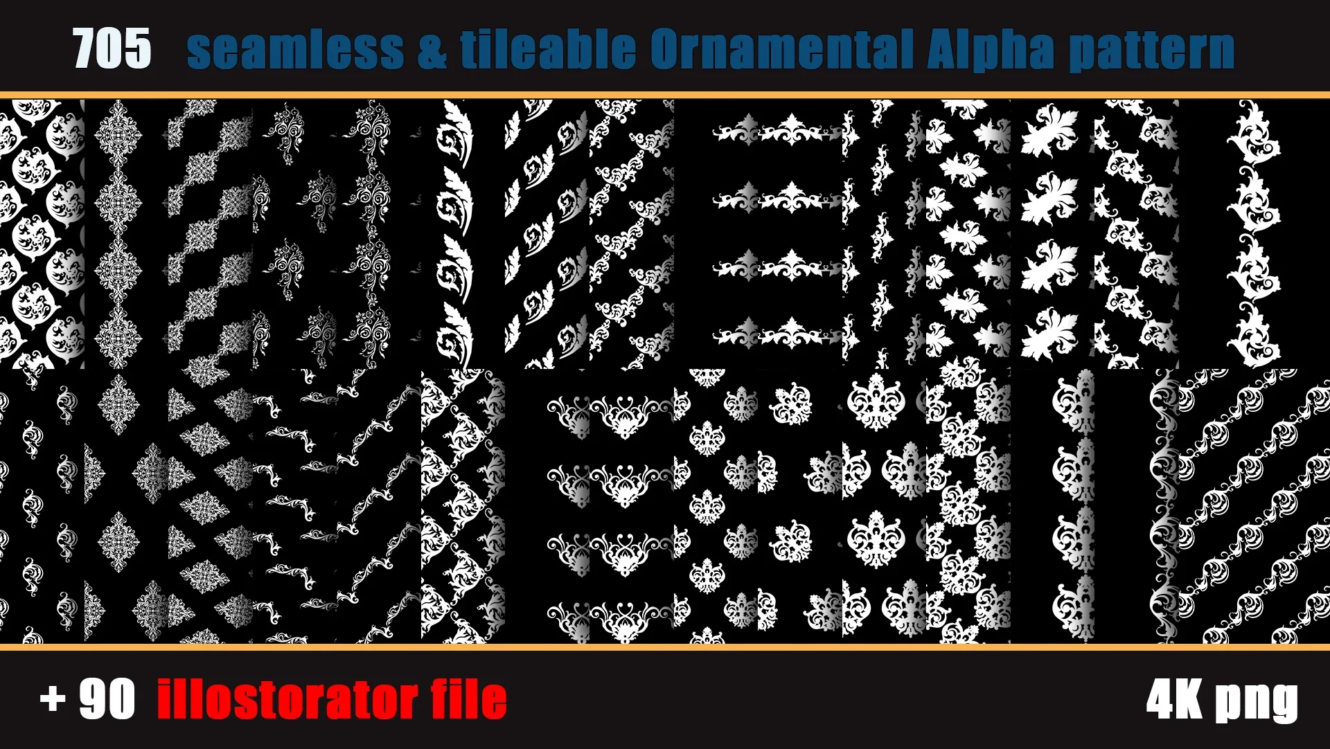 705 seamless and tileable Ornamental Alpha patterns + 90 Adobe illustrator file