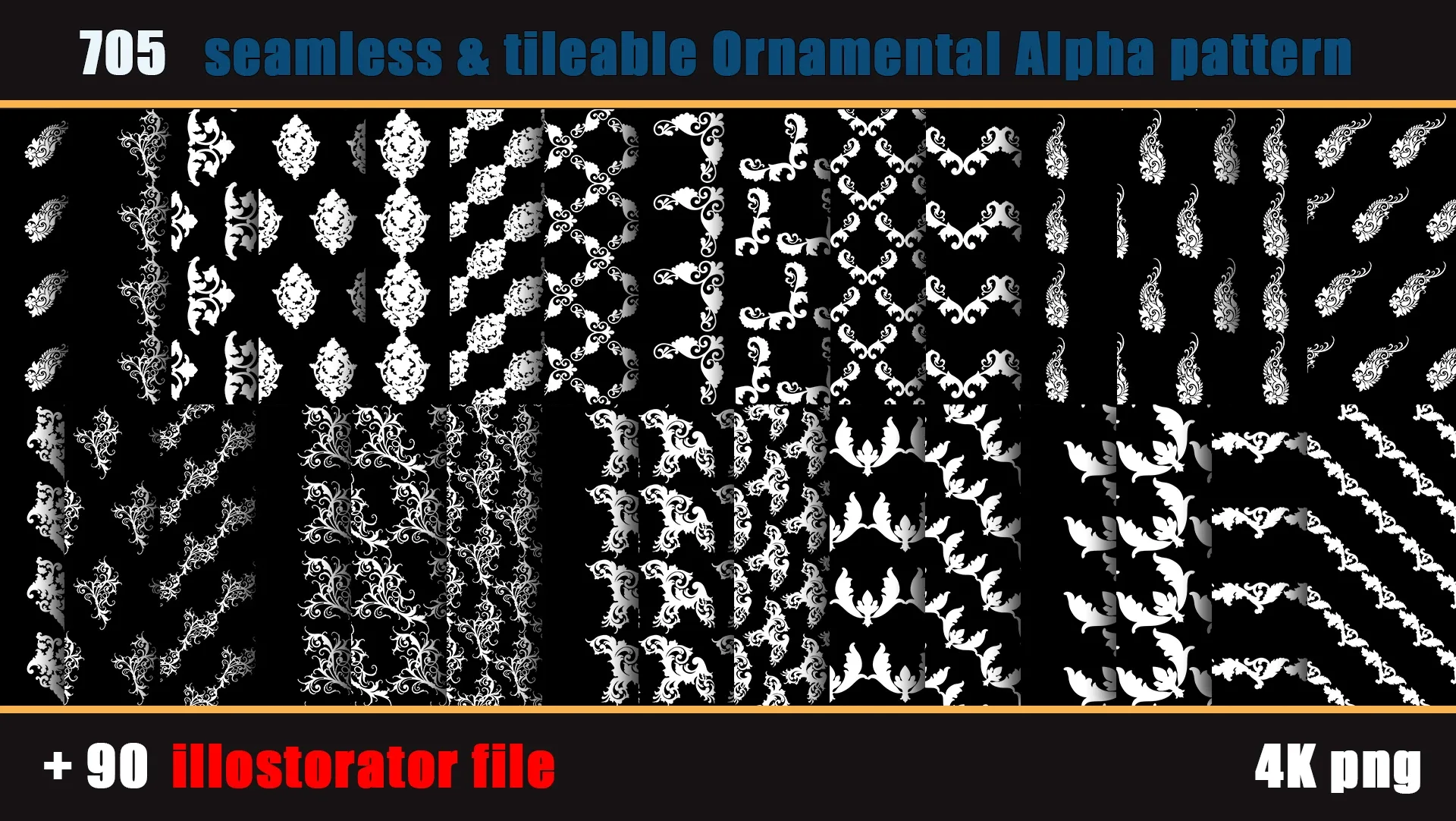 705 seamless and tileable Ornamental Alpha patterns + 90 Adobe illustrator file