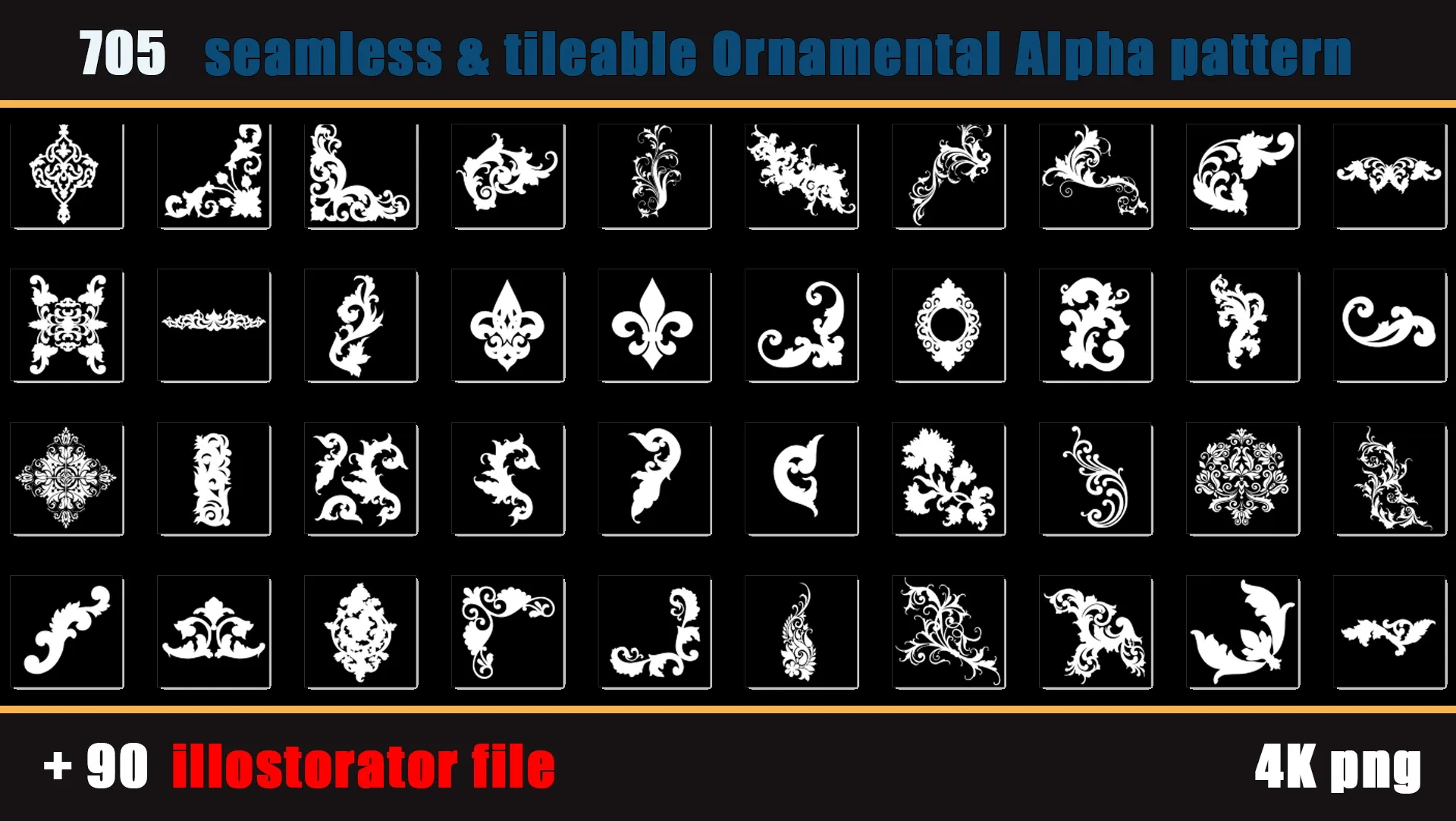 705 seamless and tileable Ornamental Alpha patterns + 90 Adobe illustrator file