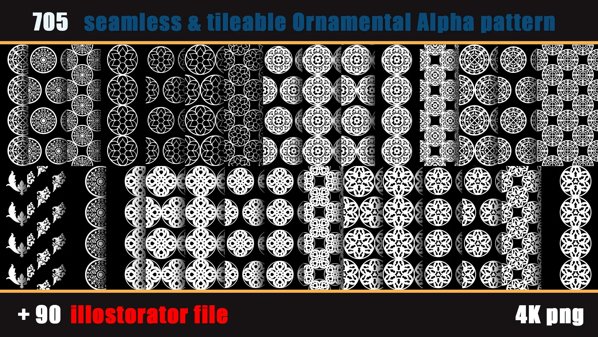 705 seamless and tileable Ornamental Alpha patterns + 90 Adobe illustrator file