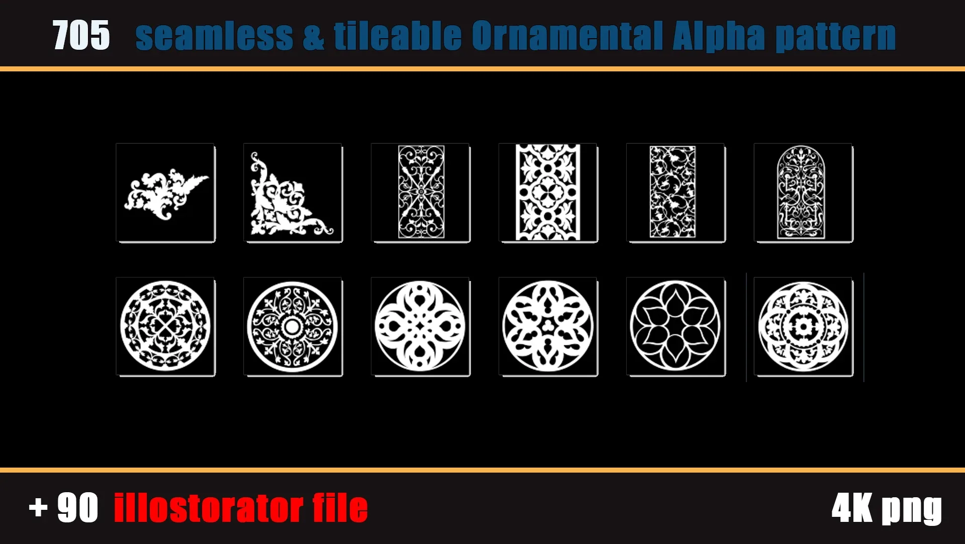 705 seamless and tileable Ornamental Alpha patterns + 90 Adobe illustrator file