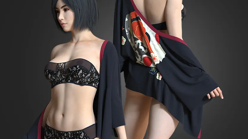 Lace Underwear and Kimono | clo3d | marvelous designer