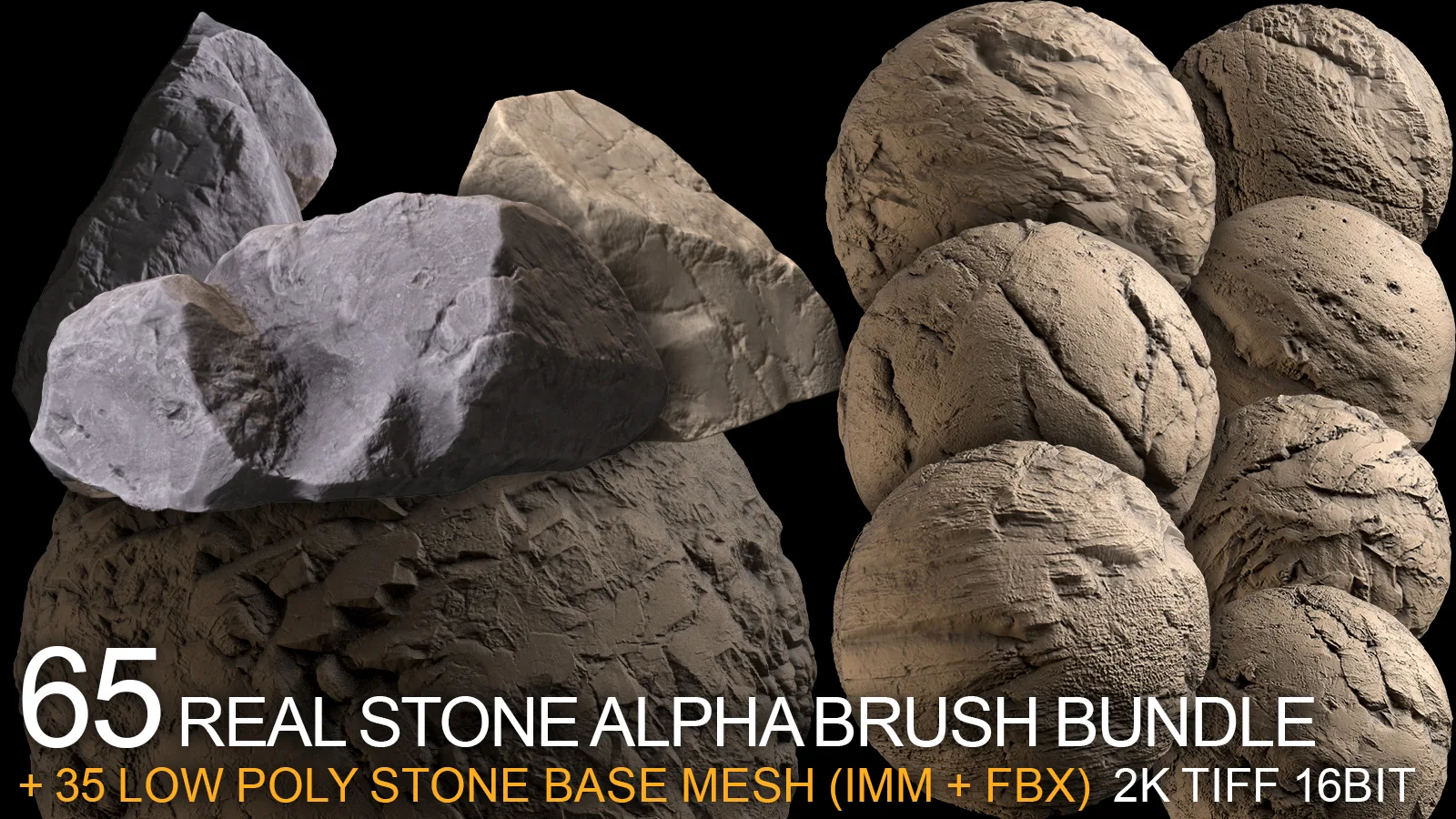 65 real stone alpha brush bundle + basemesh stones IMM (2K tiff + free tutorial)