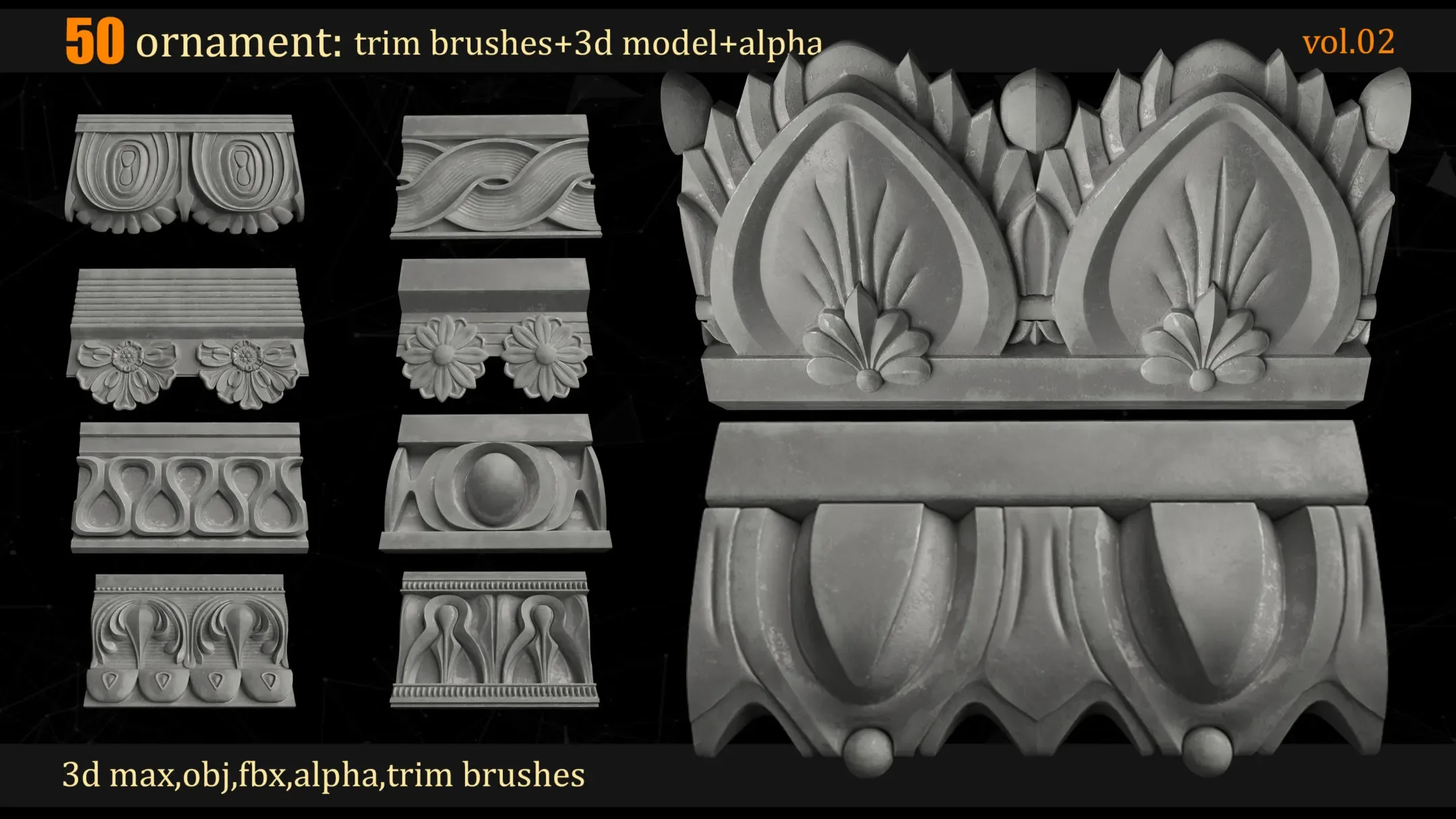 50 Ornament Trim Brushes + 3D Models + Alpha(4K)_VOL 02