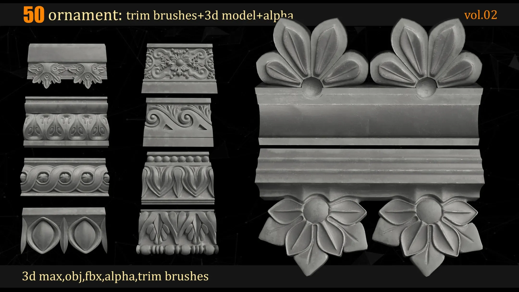 50 Ornament Trim Brushes + 3D Models + Alpha(4K)_VOL 02