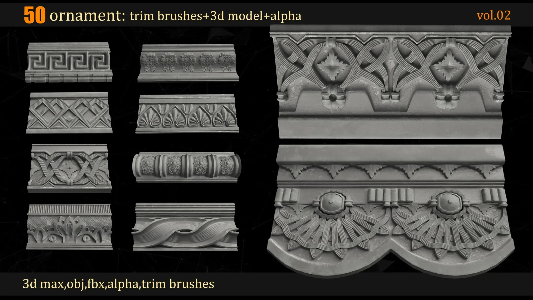 50 Ornament Trim Brushes + 3D Models + Alpha(4K)_VOL 02