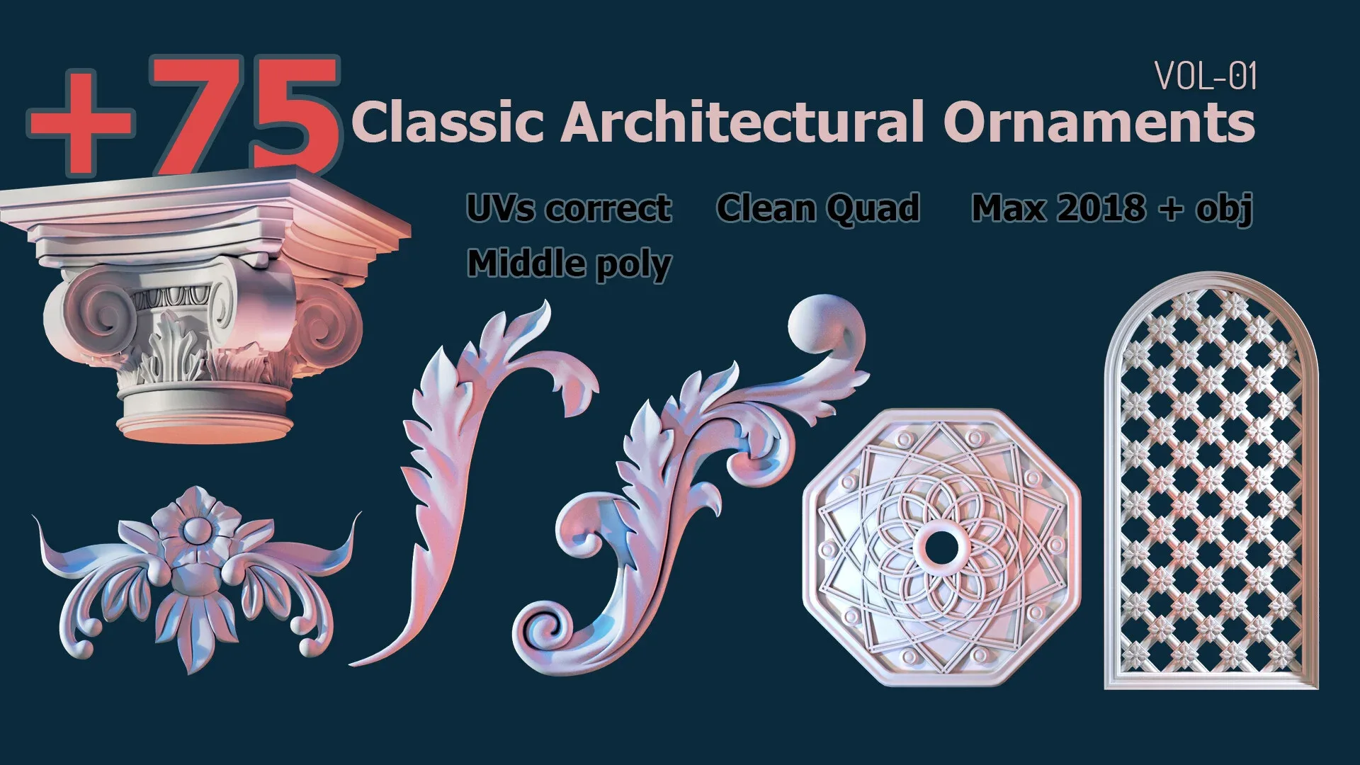 +75 Classic Architectural Ornaments 3d model object kitbash - (VOL-01)