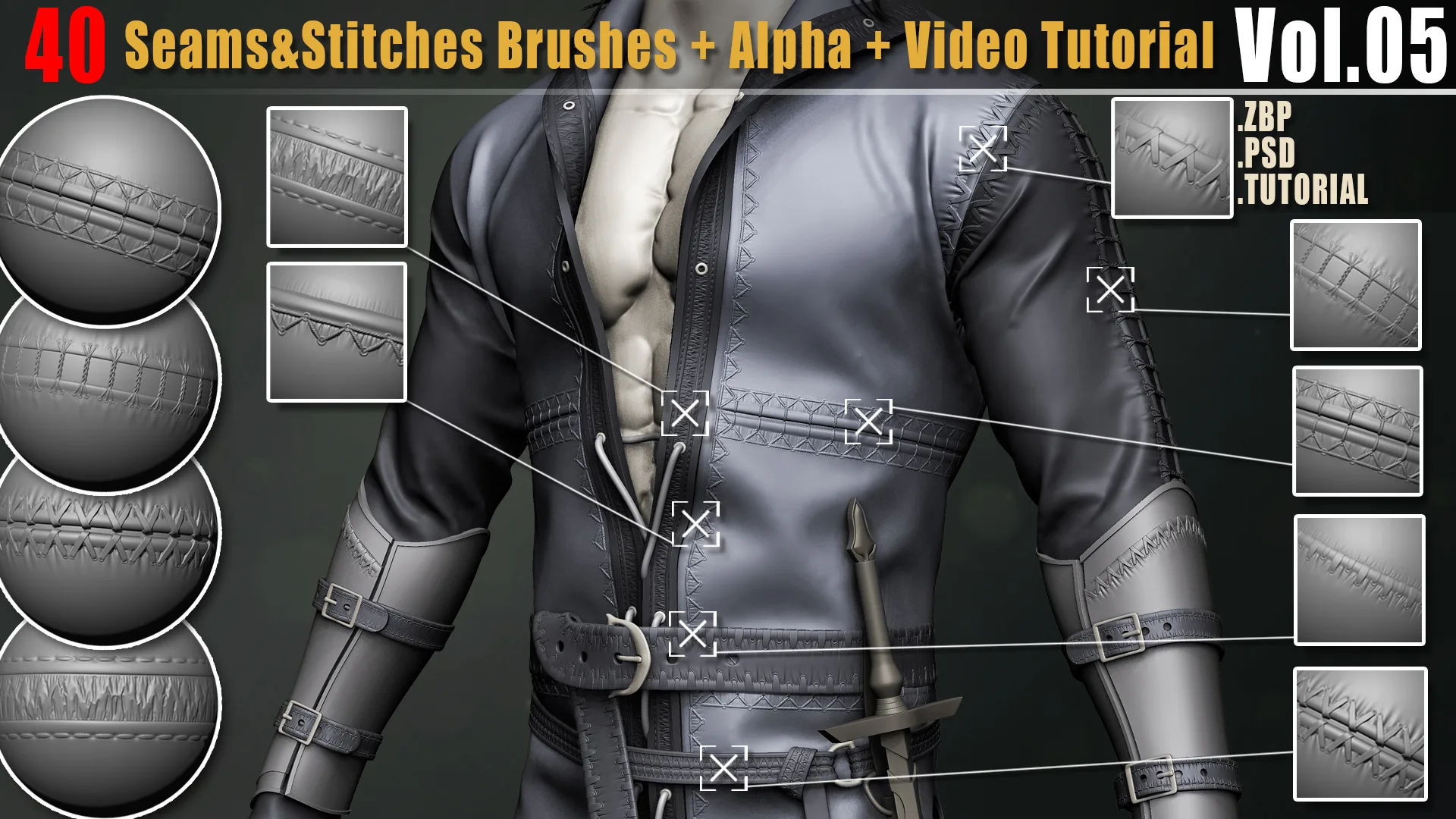 200 Seams And Stitches Brushes + Alpha + Video Tutorial-Collection