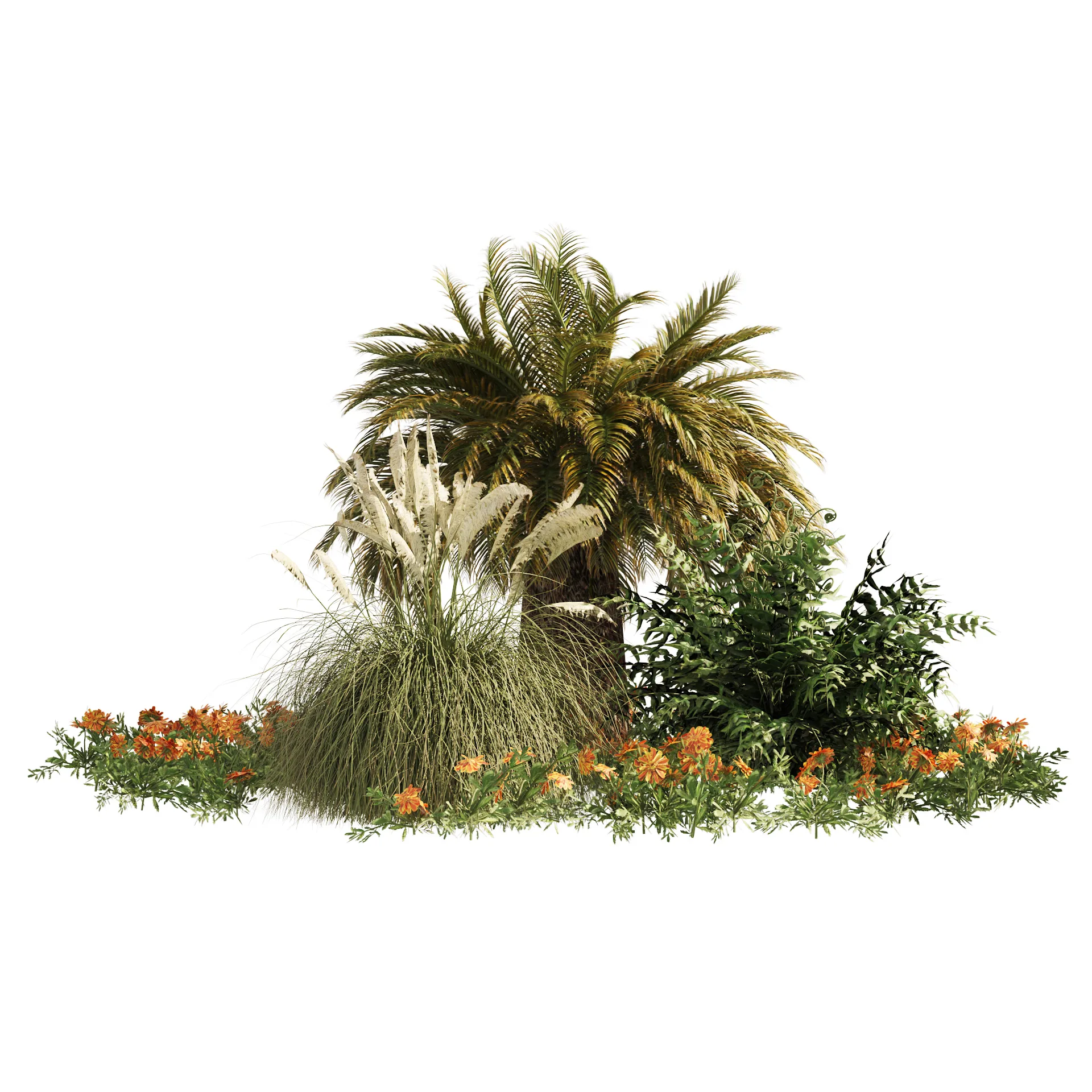 Outdoor Garden Set, Palm Tree, Bush and flowers