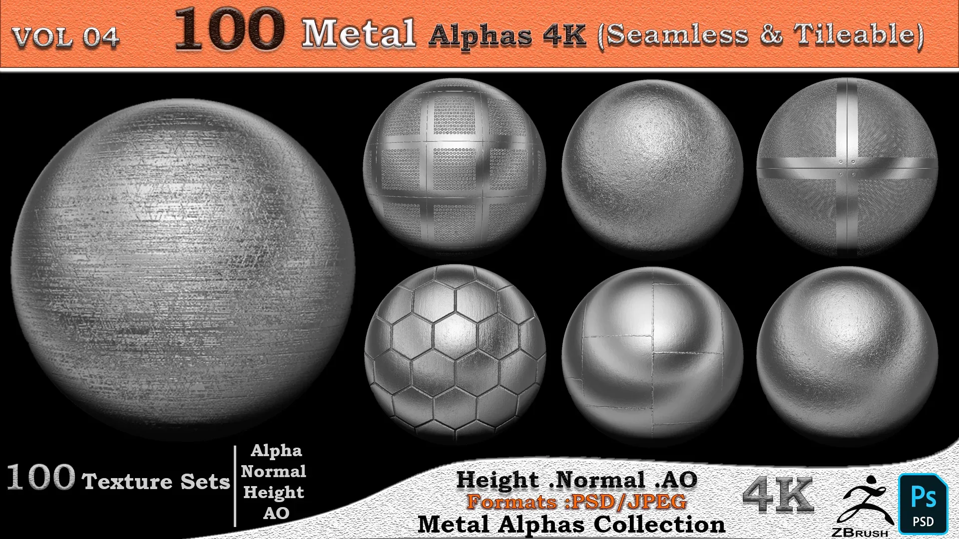 100 Metal Alphas 4K ( Seamless &amp; Tileable ) VOL 04