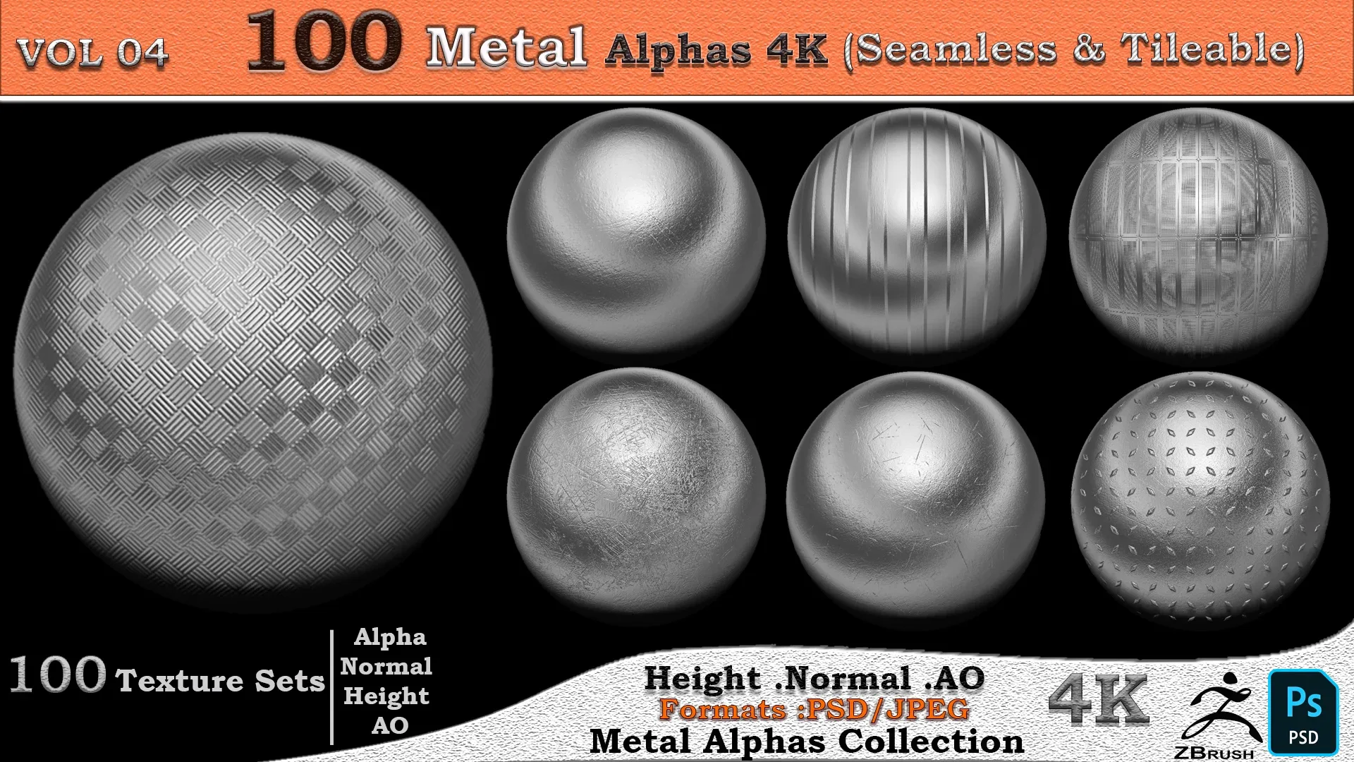 100 Metal Alphas 4K ( Seamless &amp; Tileable ) VOL 04