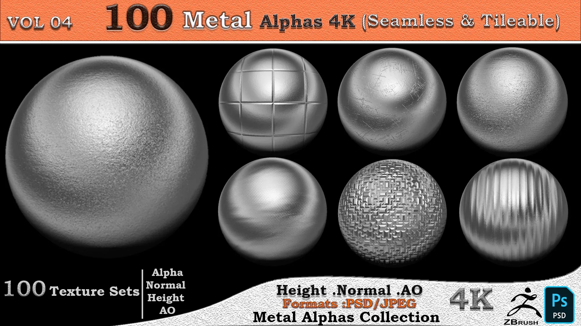 100 Metal Alphas 4K ( Seamless &amp; Tileable ) VOL 04