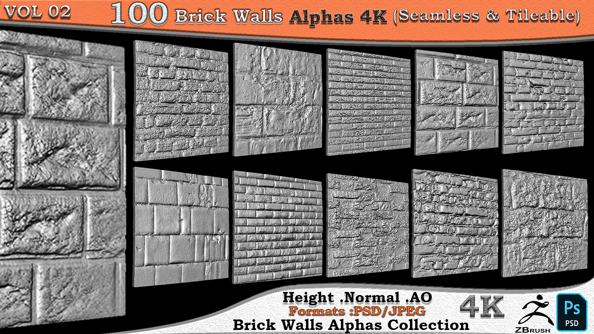 100 Brick Wall Alphas Collection (Seamless &amp; Tileable) Vol 02