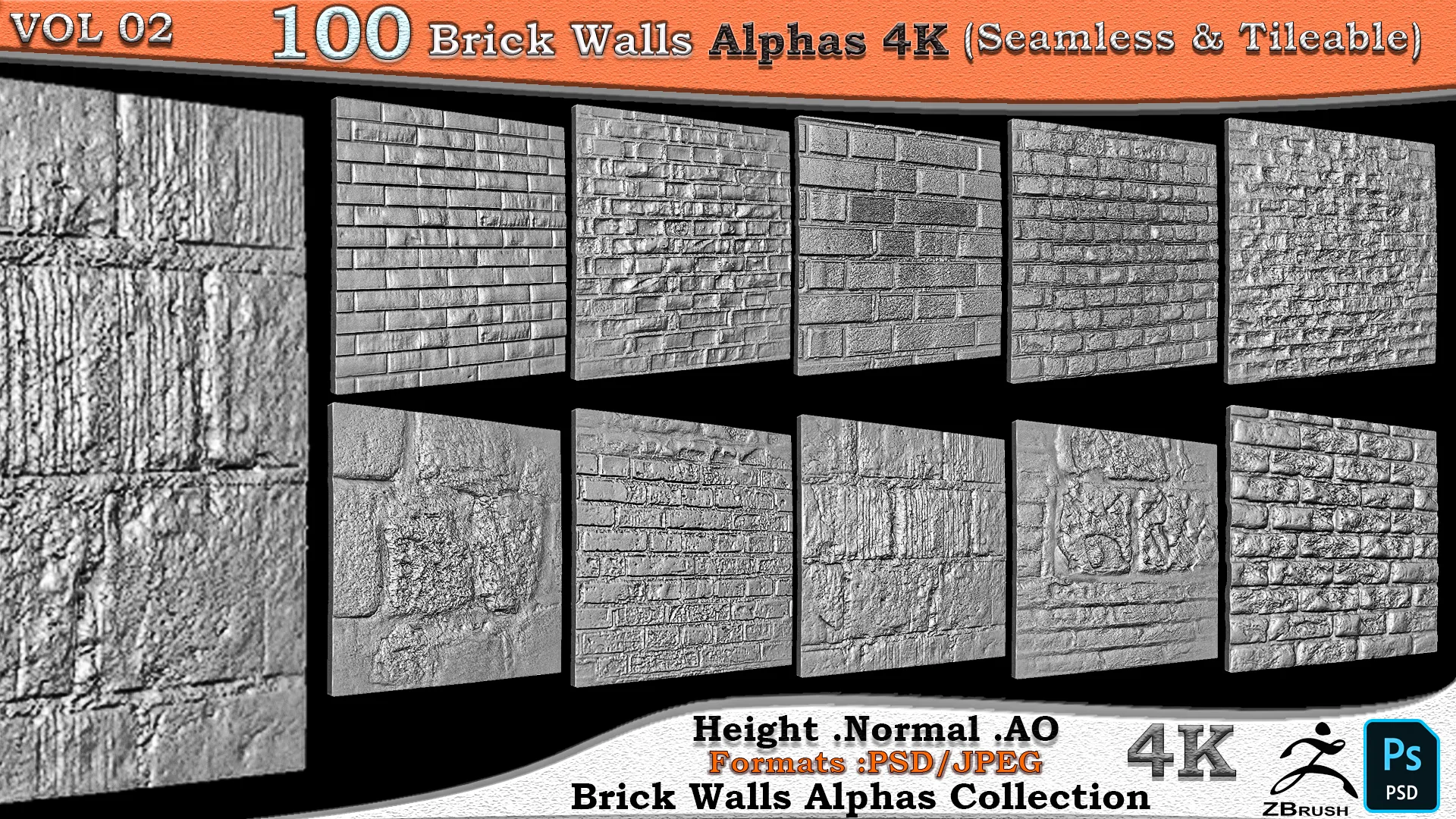 100 Brick Wall Alphas Collection (Seamless &amp; Tileable) Vol 02