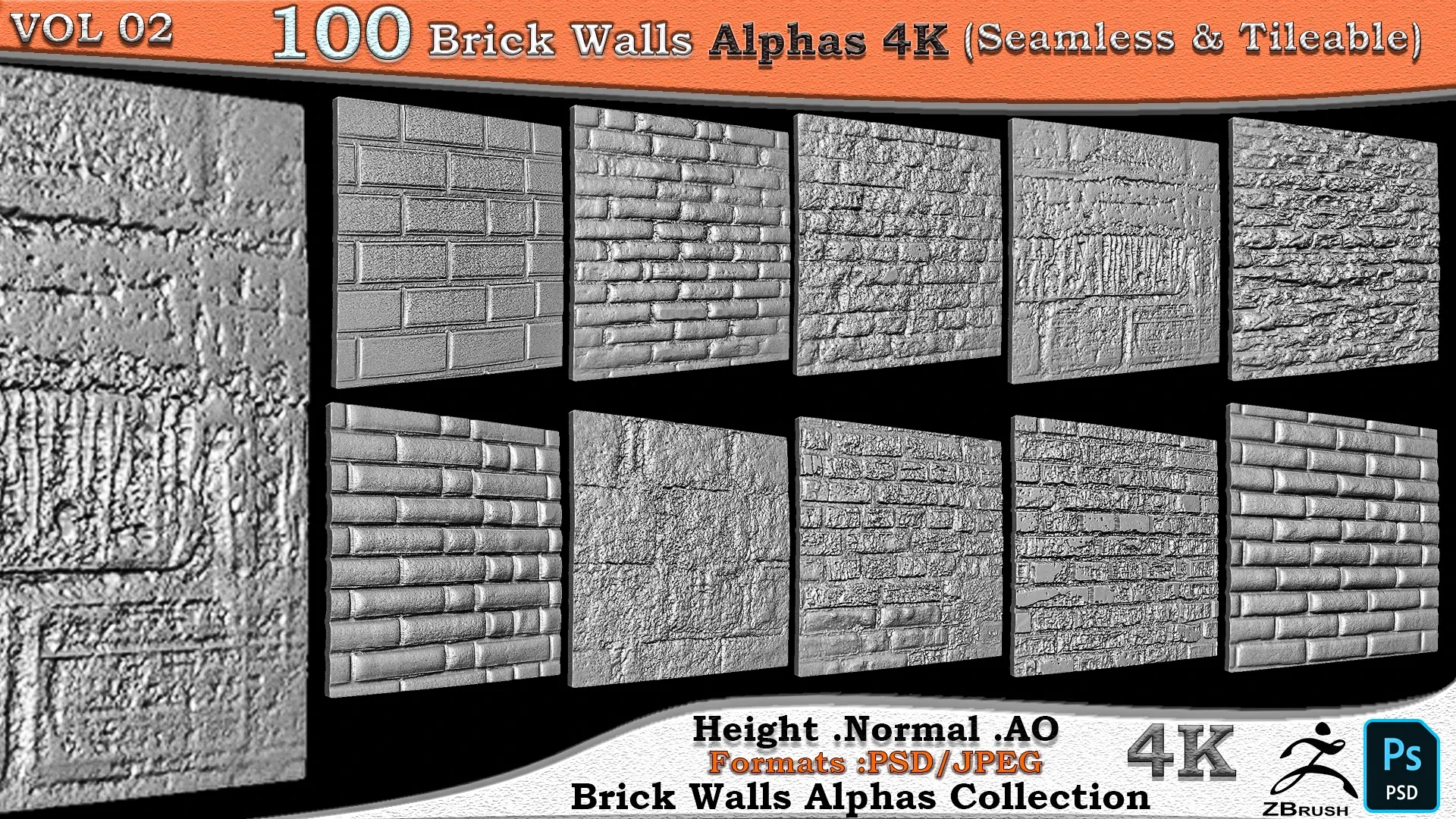 100 Brick Wall Alphas Collection (Seamless &amp; Tileable) Vol 02