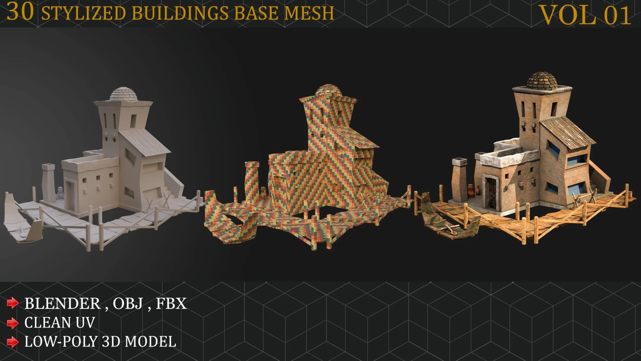 30 Stylized Buildings Base mesh VOL 01