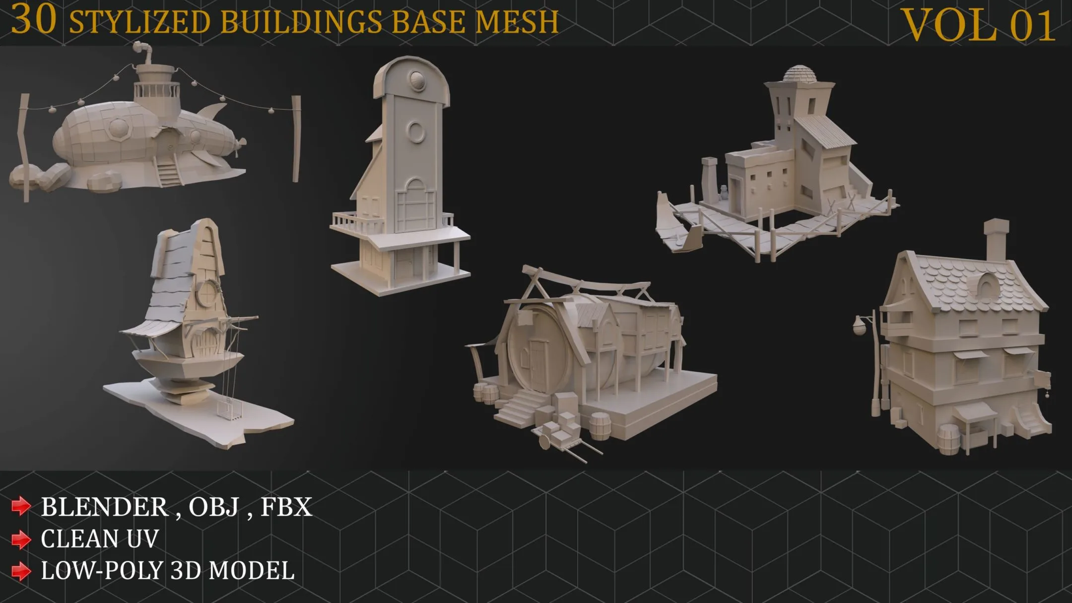 30 Stylized Buildings Base mesh VOL 01