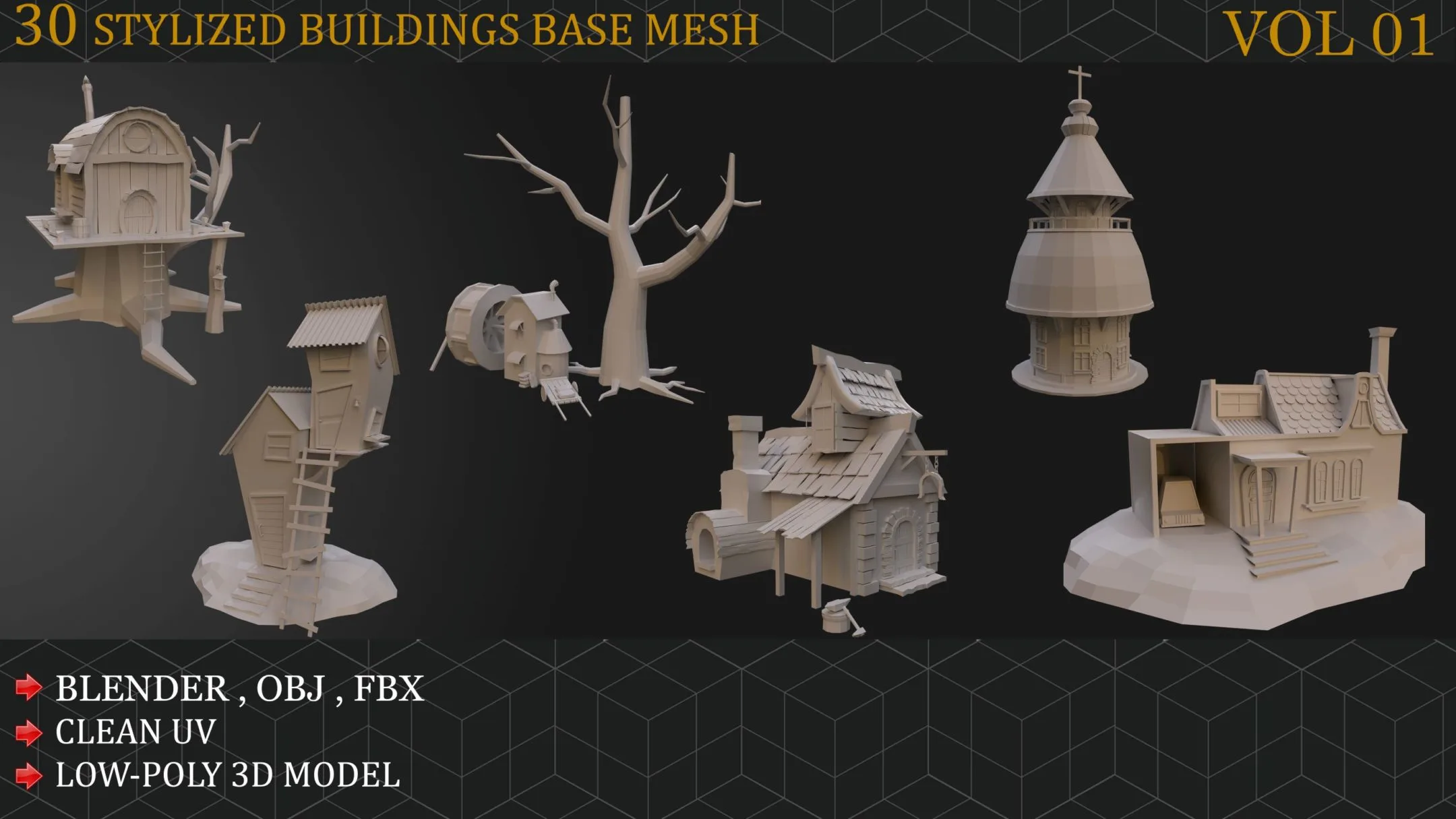 30 Stylized Buildings Base mesh VOL 01