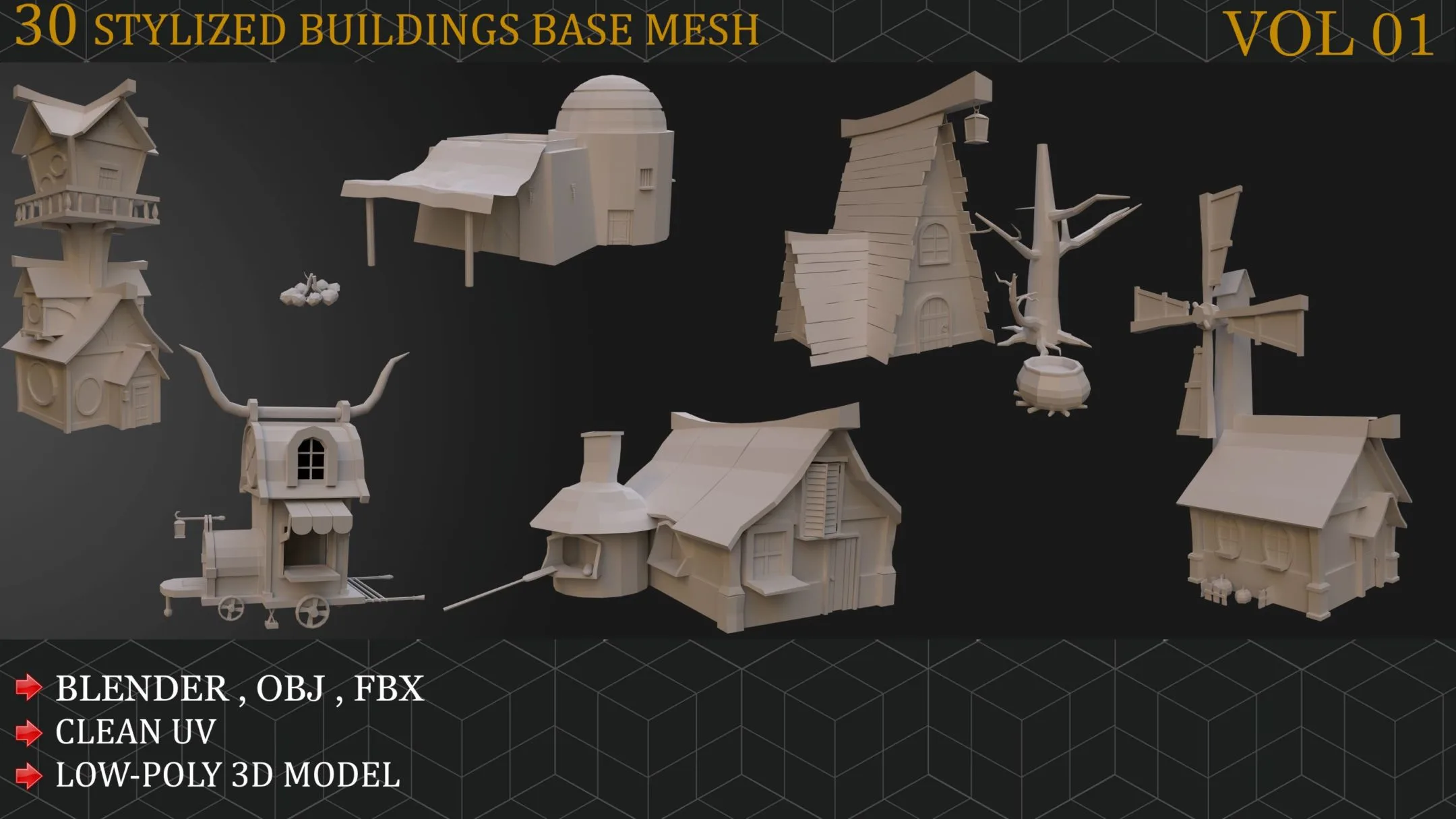 30 Stylized Buildings Base mesh VOL 01