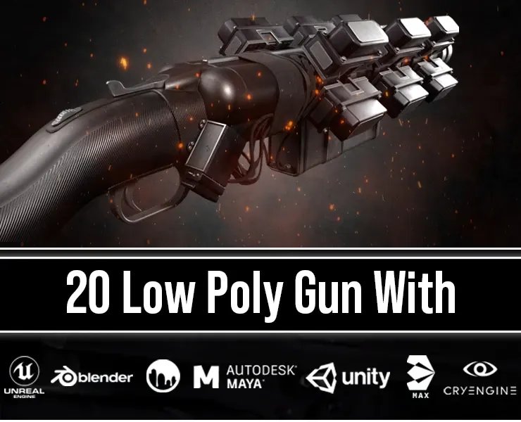 20 Low Poly Guns For Game + Textures (UDIM)