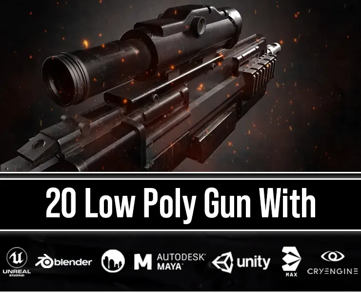 20 Low Poly Guns For Game + Textures (UDIM)