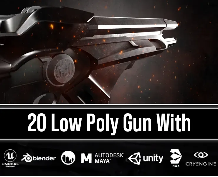 20 Low Poly Guns For Game + Textures (UDIM)