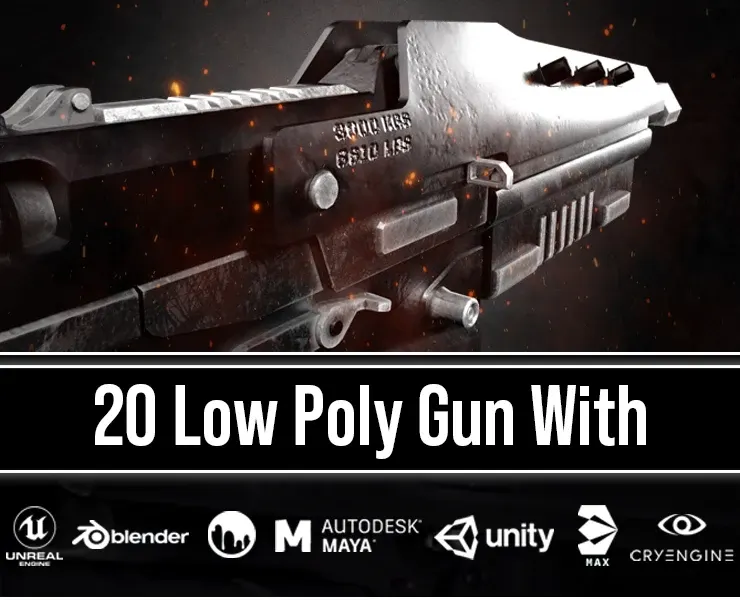 20 Low Poly Guns For Game + Textures (UDIM)