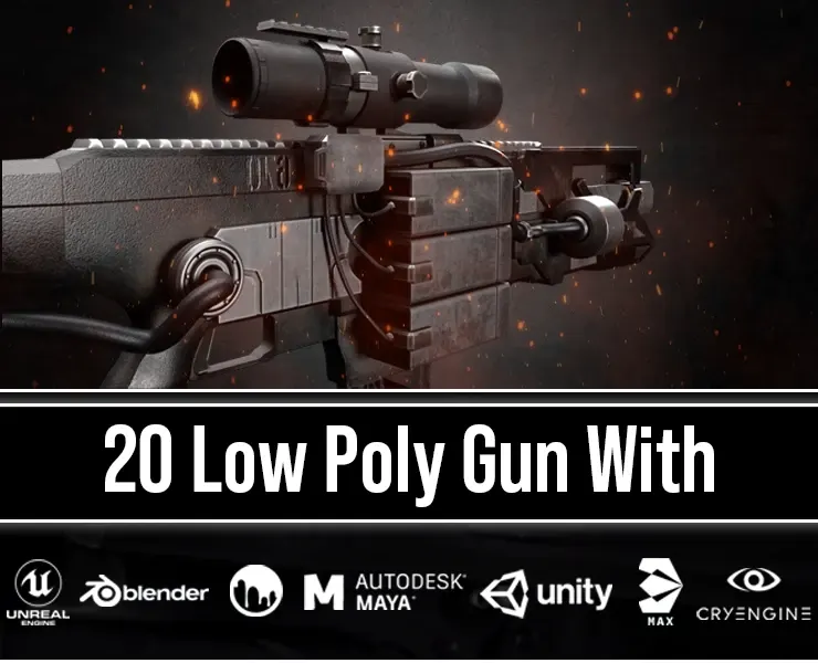 20 Low Poly Guns For Game + Textures (UDIM)