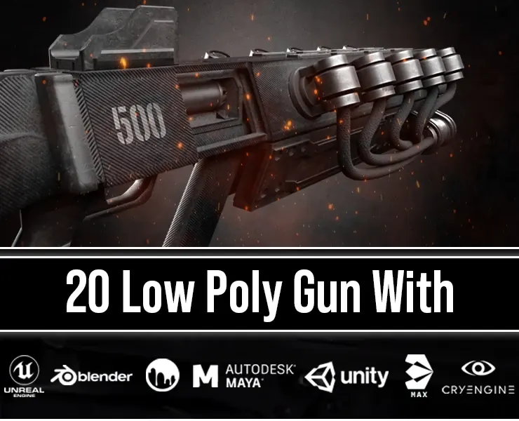 20 Low Poly Guns For Game + Textures (UDIM)