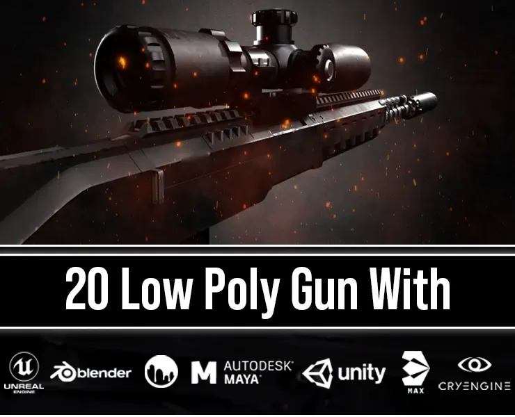 20 Low Poly Guns For Game + Textures (UDIM)