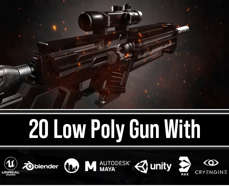 20 Low Poly Guns For Game + Textures (UDIM)