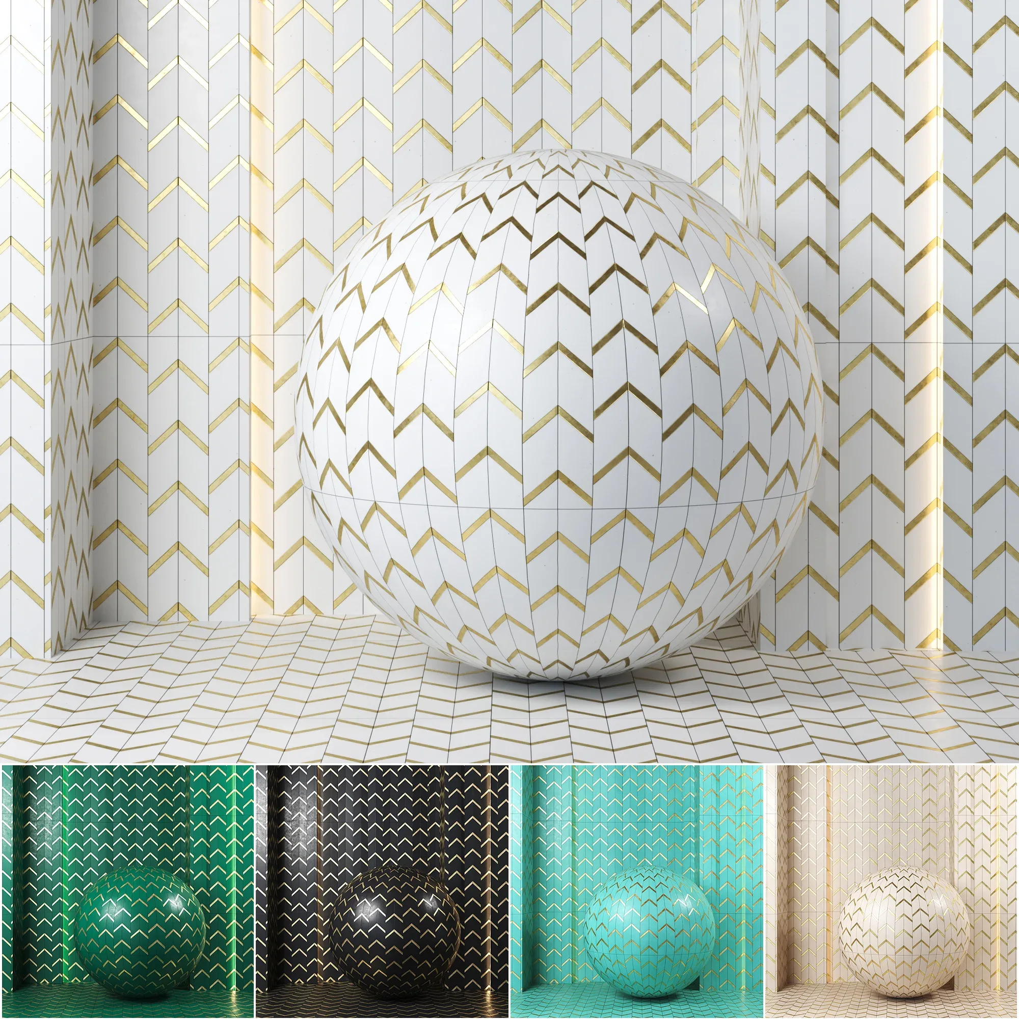 (4k)(5color)Chevron Pattern &amp; Gold Stainless Steel Polished mosaic Tile Texture-(seamless,pbr)