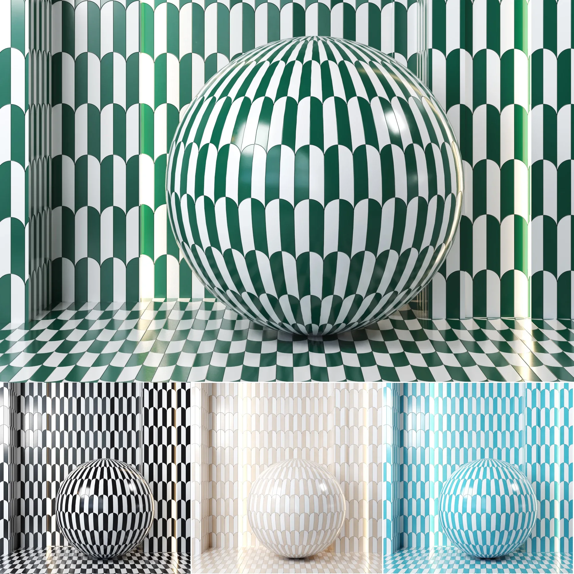 (4k)(4color)Altos Nero Polished tile in Elongated scallop pattern-(Seamless,pbr)
