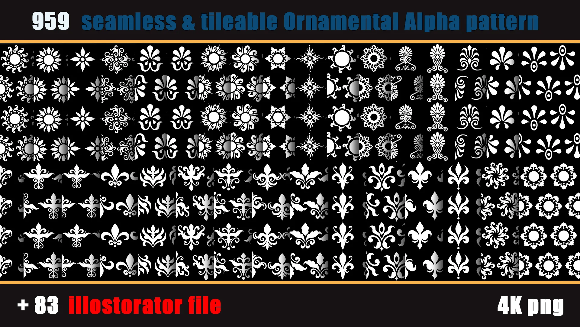 959 seamless and tileable Ornamental Alpha patterns + 83 Adobe illustrator file