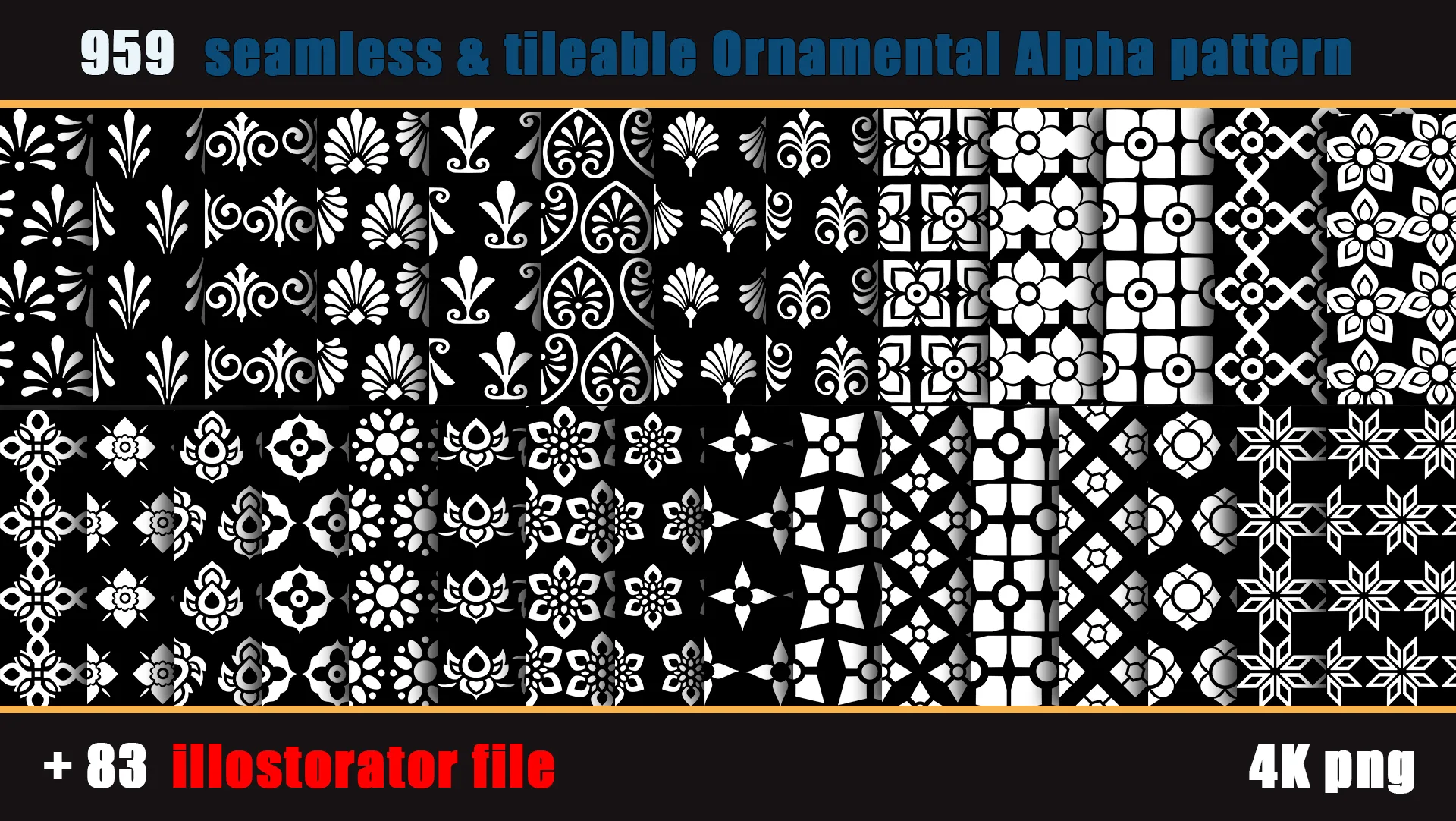 959 seamless and tileable Ornamental Alpha patterns + 83 Adobe illustrator file