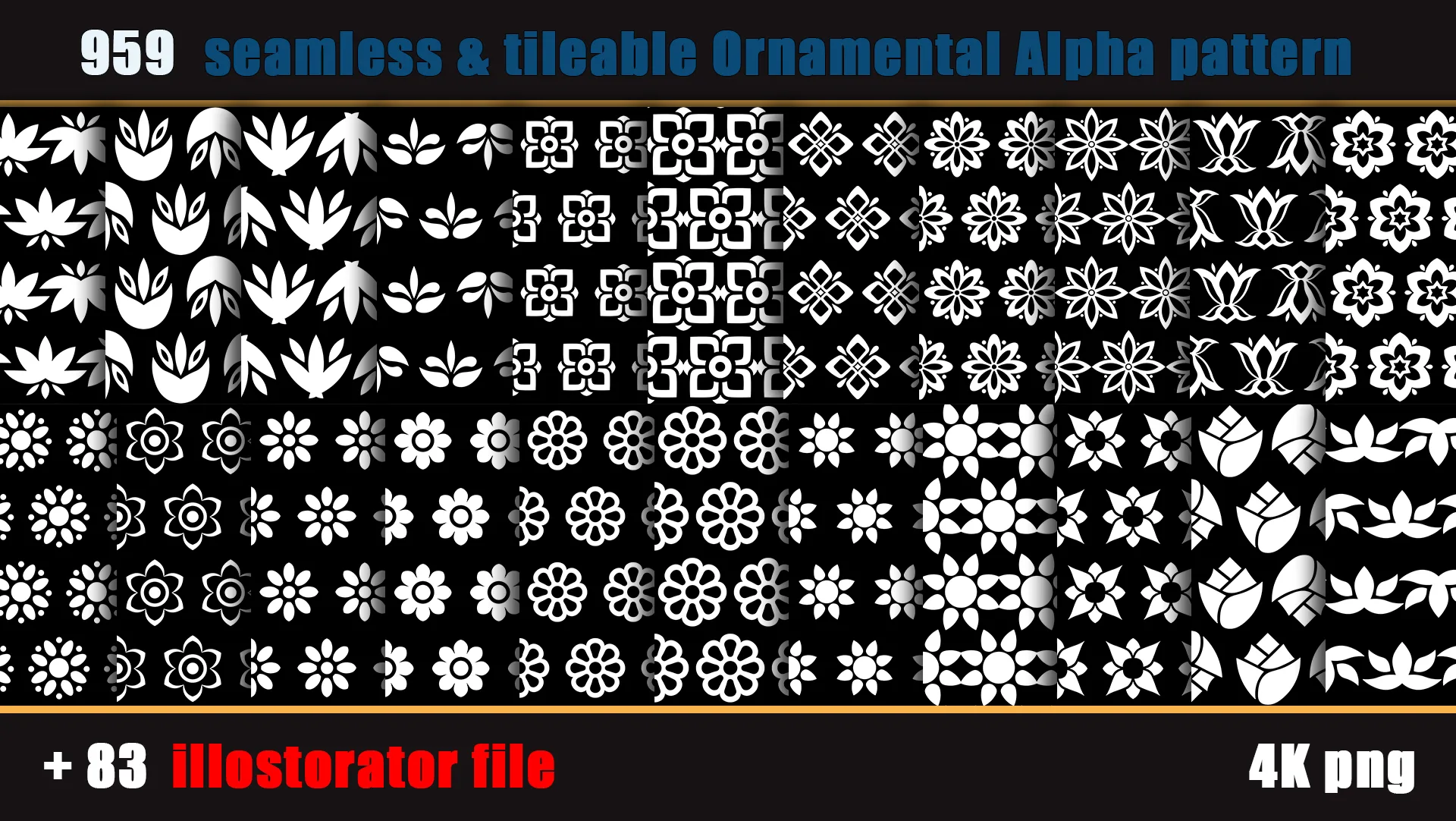 959 seamless and tileable Ornamental Alpha patterns + 83 Adobe illustrator file
