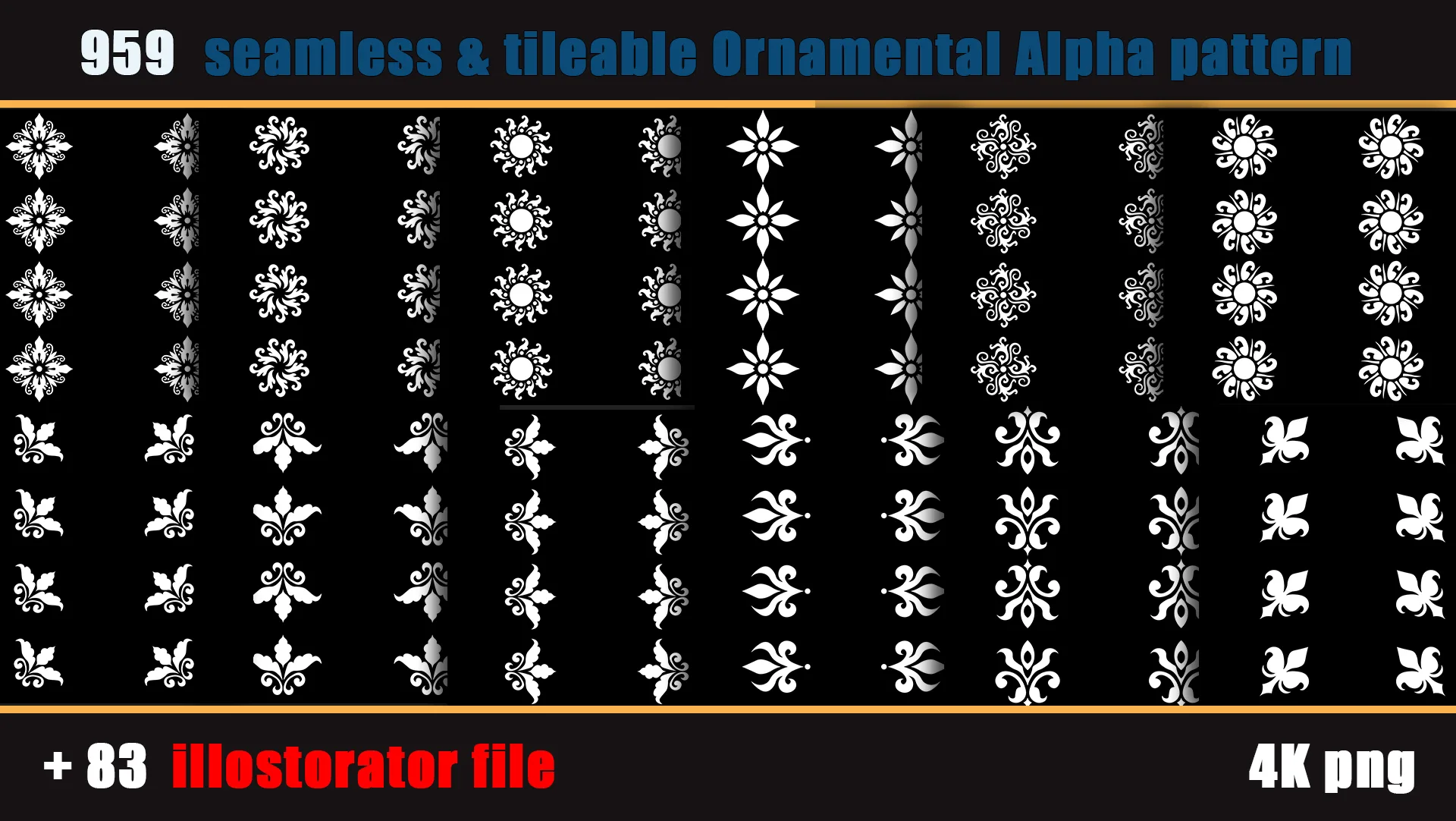 959 seamless and tileable Ornamental Alpha patterns + 83 Adobe illustrator file