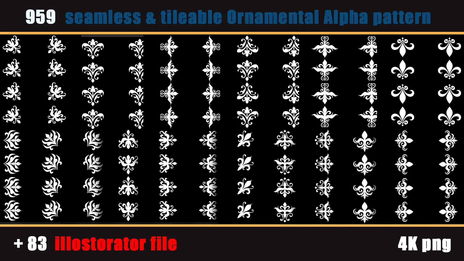 959 seamless and tileable Ornamental Alpha patterns + 83 Adobe illustrator file