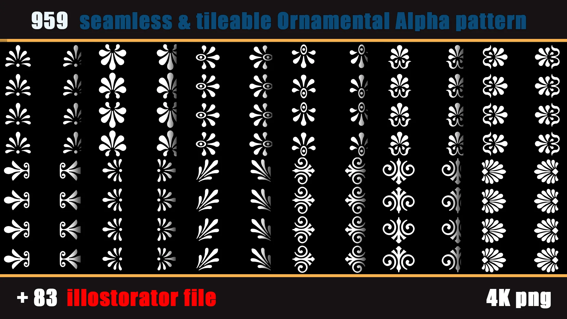 959 seamless and tileable Ornamental Alpha patterns + 83 Adobe illustrator file