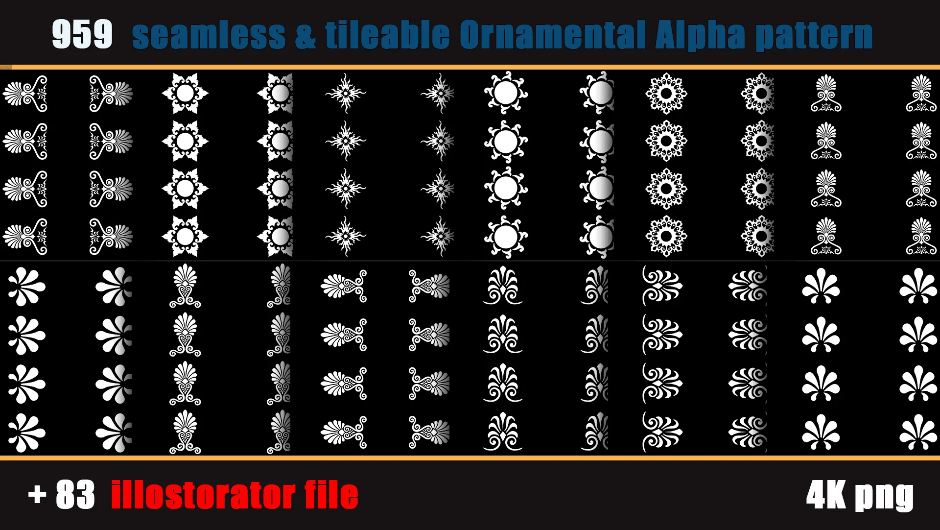 959 seamless and tileable Ornamental Alpha patterns + 83 Adobe illustrator file