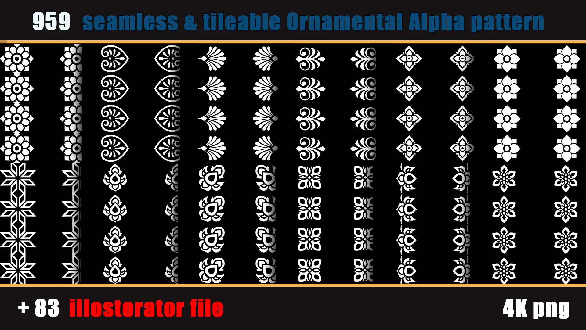 959 seamless and tileable Ornamental Alpha patterns + 83 Adobe illustrator file